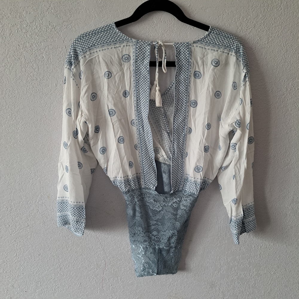 Free People Blue and White Lace Bodysuit - Picture 9 of 9